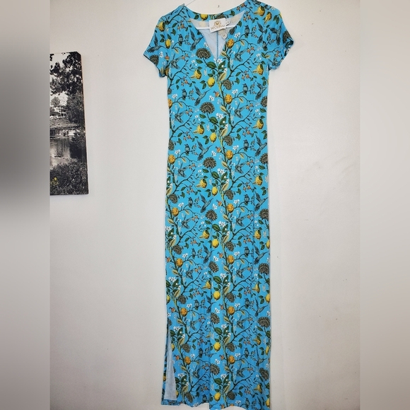 NicoBlu Flora Long Stretch Maxi Dress Size XS Turquoise Hummingbird Print NWOT - Picture 4 of 15